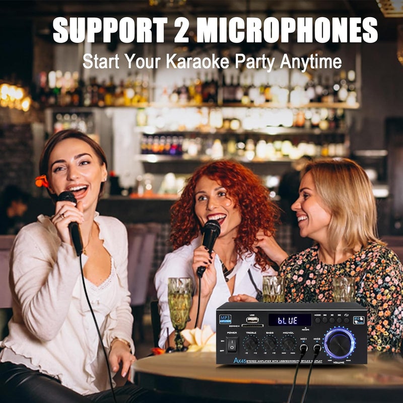 WOOPKER AK45 Bluetooth 5.0 Amplifier Home Audio Stereo Receivers,Max 300W, 2.0 Channel Stereo Power Amplifie System with USB,SD Card,RCA,2 MIC in, Home Amp for Home Theater Speakers,Studio, Karaoke - Image 5